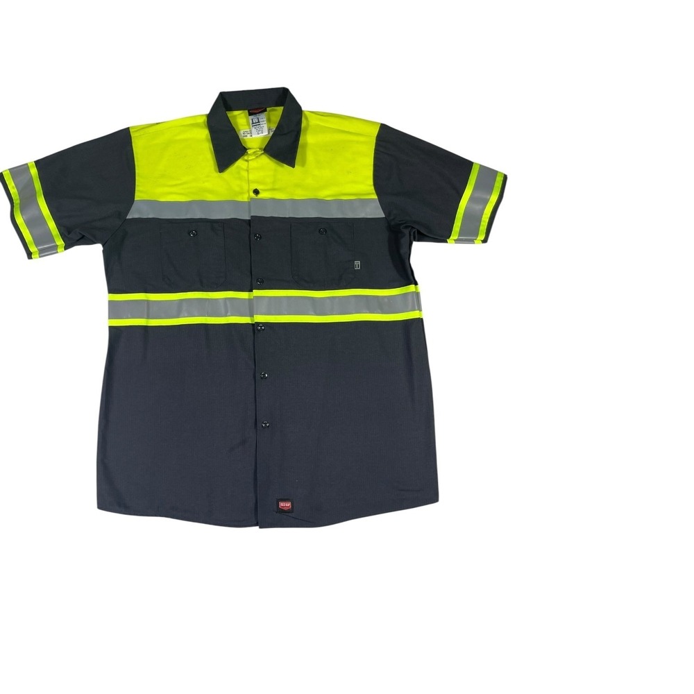 Red Kap Enhanced Visibility Work Shirt Mens XL Gray Yellow Cotton Short Sleeve